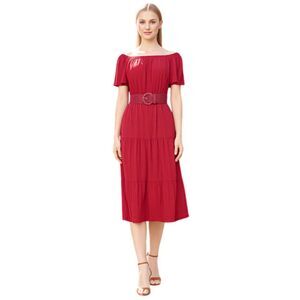 NY Collection Red Tiered Short Flutter Sleeve Midi Dress
